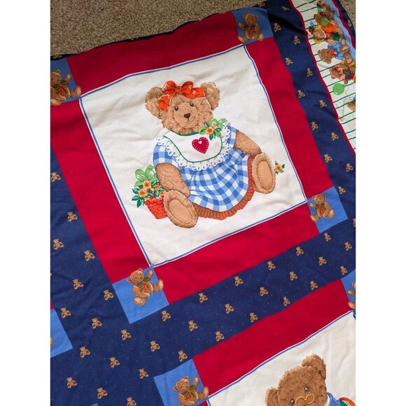 Vintage Teddy Bear Crib Quilt Baby Nursery Decor Country Handmade Throw Blanket - Picture 8 of 12